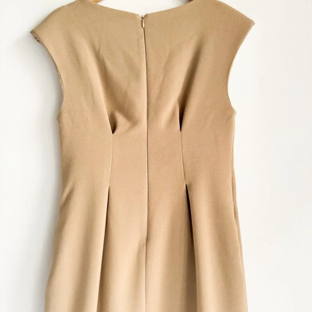 Queen of Hearts  Camel Beige Classic Sleeveless SHeath Midi Dress 3 - Picture 5 of 6